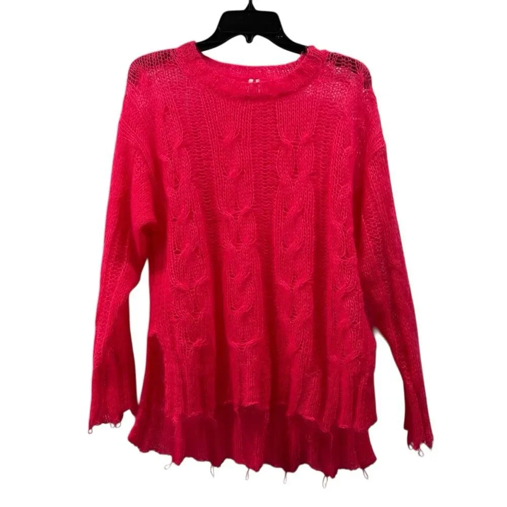 Anthropologie Posey Stitchy Distressed Open Knit Wool Sweater Pink Size XS